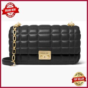 Large Leather Satchel with Adjustable Chain Strap, Quilted Shoulder Bag